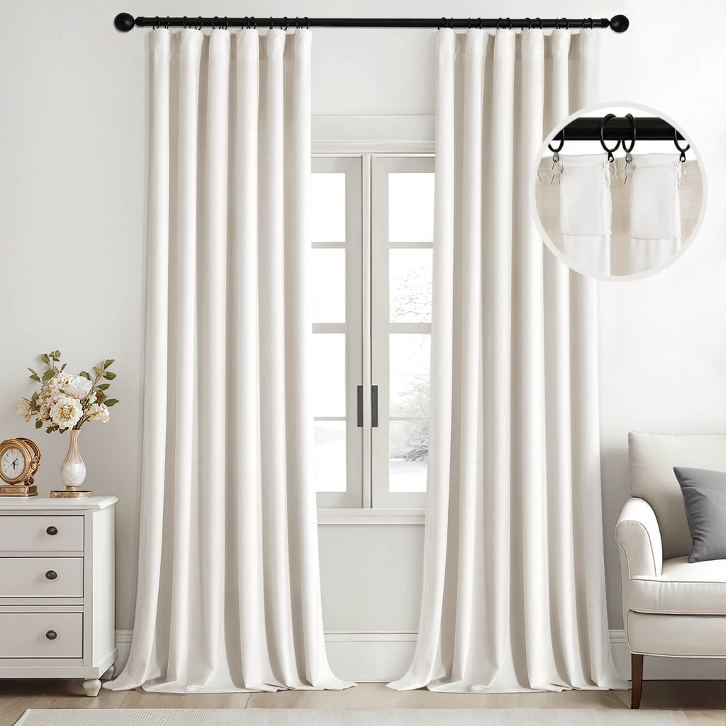 MIULEE Velvet Curtains 108 Inch Length 2 Panels Set for Living Room Bedroom Cream Pinch Pleat Back Tab Luxury Thermal Insulated Light Blocking Drape Pleated Blackout Extra Long Curtain with Hook Ivory