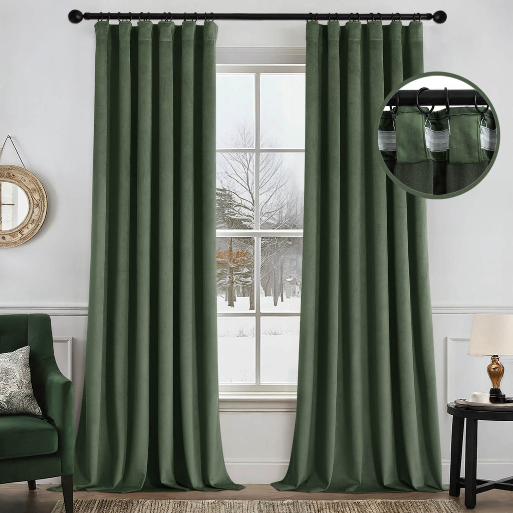 MIULEE Velvet Curtains 108 Inch Length 2 Panels Set for Bedroom, Pinch Pleat Back Tab Luxury Thermal Insulated Living Room Darkening Pleated Blackout Extra Long Window Curtains with Hooks Olive Green