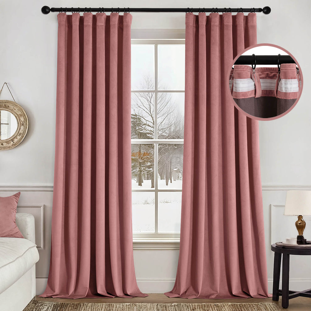 MIULEE Velvet Curtains 96 Inch Long 2 Panels Set for Bedroom, Pinch Pleat Back Tab Thermal Insulated Pink Living Room Darkening Drapes Pleated Blackout Floor to Ceiling Curtains with Hooks Dusty Rose