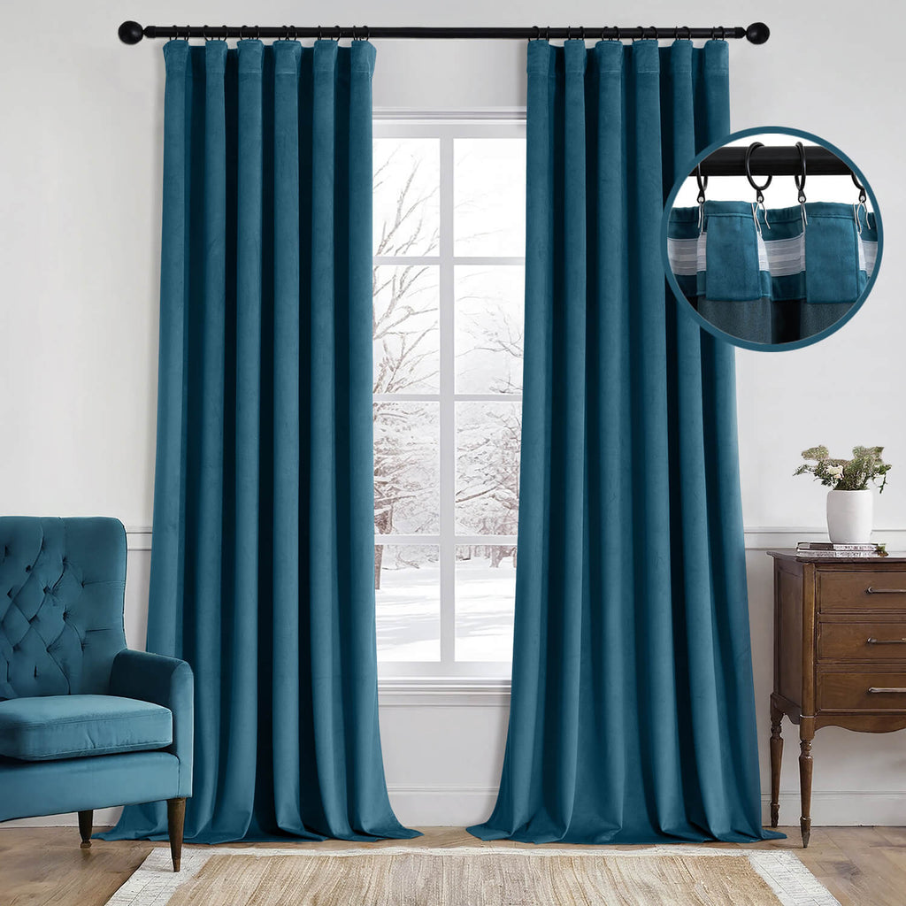 MIULEE Velvet Curtains 96 Inches Long 2 Panels Set for Bedroom, Pinch Pleat Back Tab Thermal Insulated Living Room Darkening Drapes Pleated Blackout Floor to Ceiling Curtains with Hooks, Peacock Blue