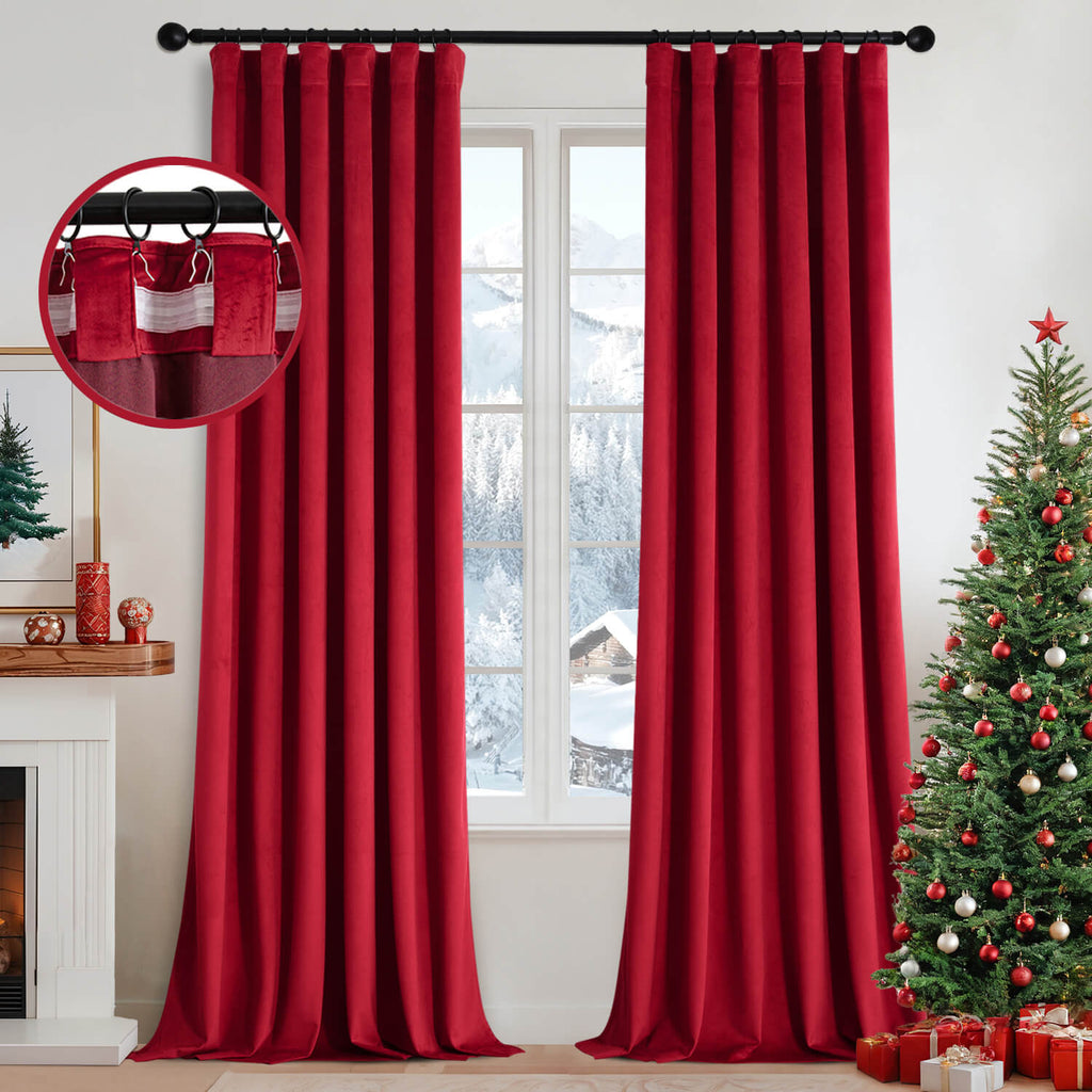 MIULEE Christmas Velvet Curtains 90 Inches Long 2 Panels Set for Bedroom, Pinch Pleat Back Tab Luxury Thermal Insulated Living Room Darkening Drapes Pleated Blackout Window Curtains with Hooks, Red