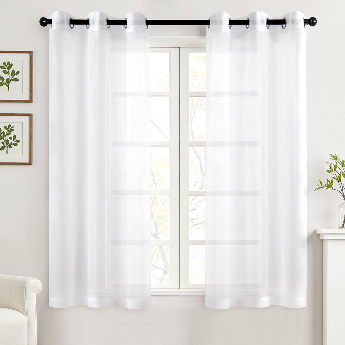 MIULEE Solid Color Sheer Curtains 63 Inches Long 2 Panels Set - Elegant Lightweight Grommet Light Filtering Window Voile Panels/Drapes/Treatment for Bedroom Living Room W42 x L63 Inch, White