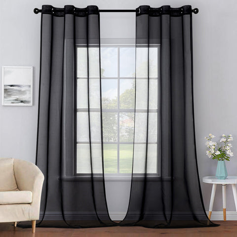 MIULEE Solid Color Sheer Curtains 84 Inches Long 2 Panels Set Black
