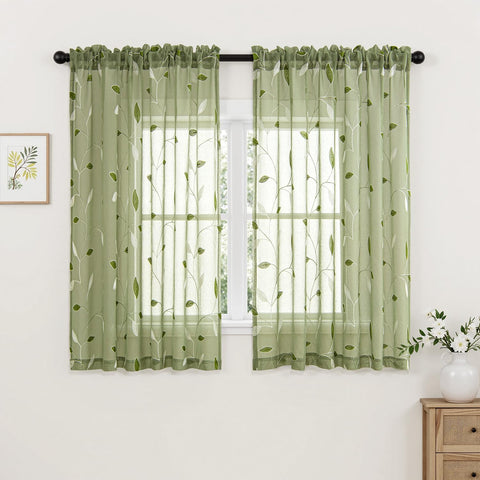  Embroidered Leaf Patterned Rod Pocket Floral Semi Sheer Curtains Sage Green 52Wx54L