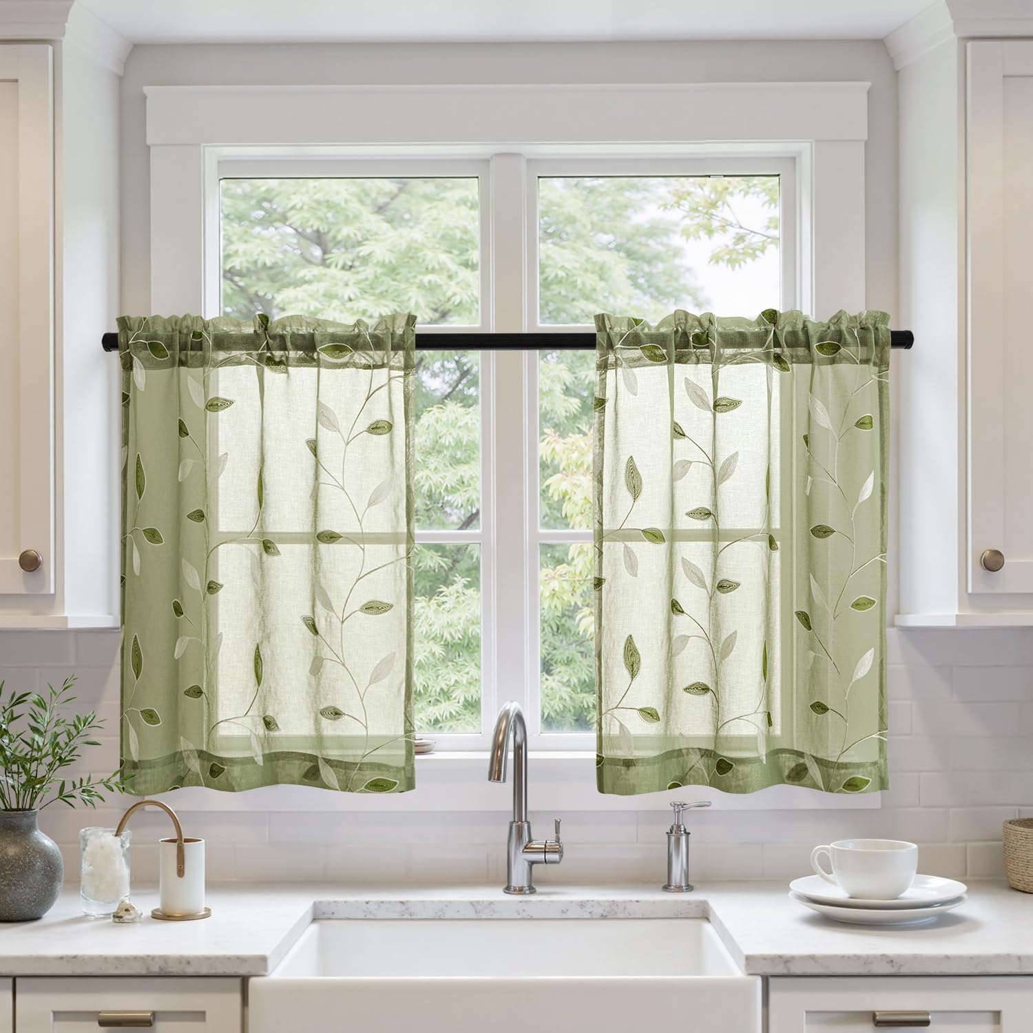  Embroidered Leaf Patterned Rod Pocket Floral Semi Sheer Curtains Sage Green 30Wx24L