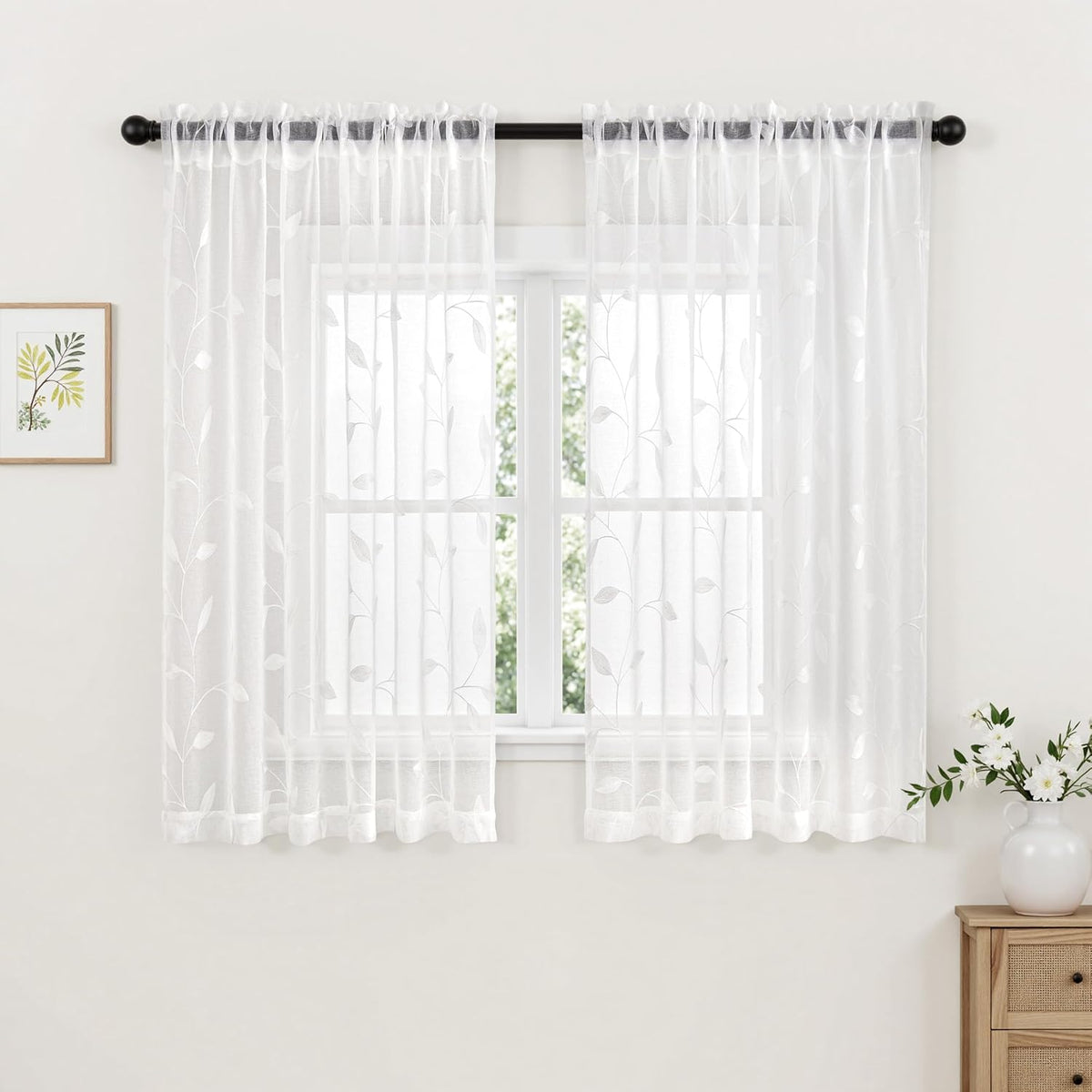  Embroidered Leaf Patterned Rod Pocket Floral Semi Sheer Curtains White 52Wx45L