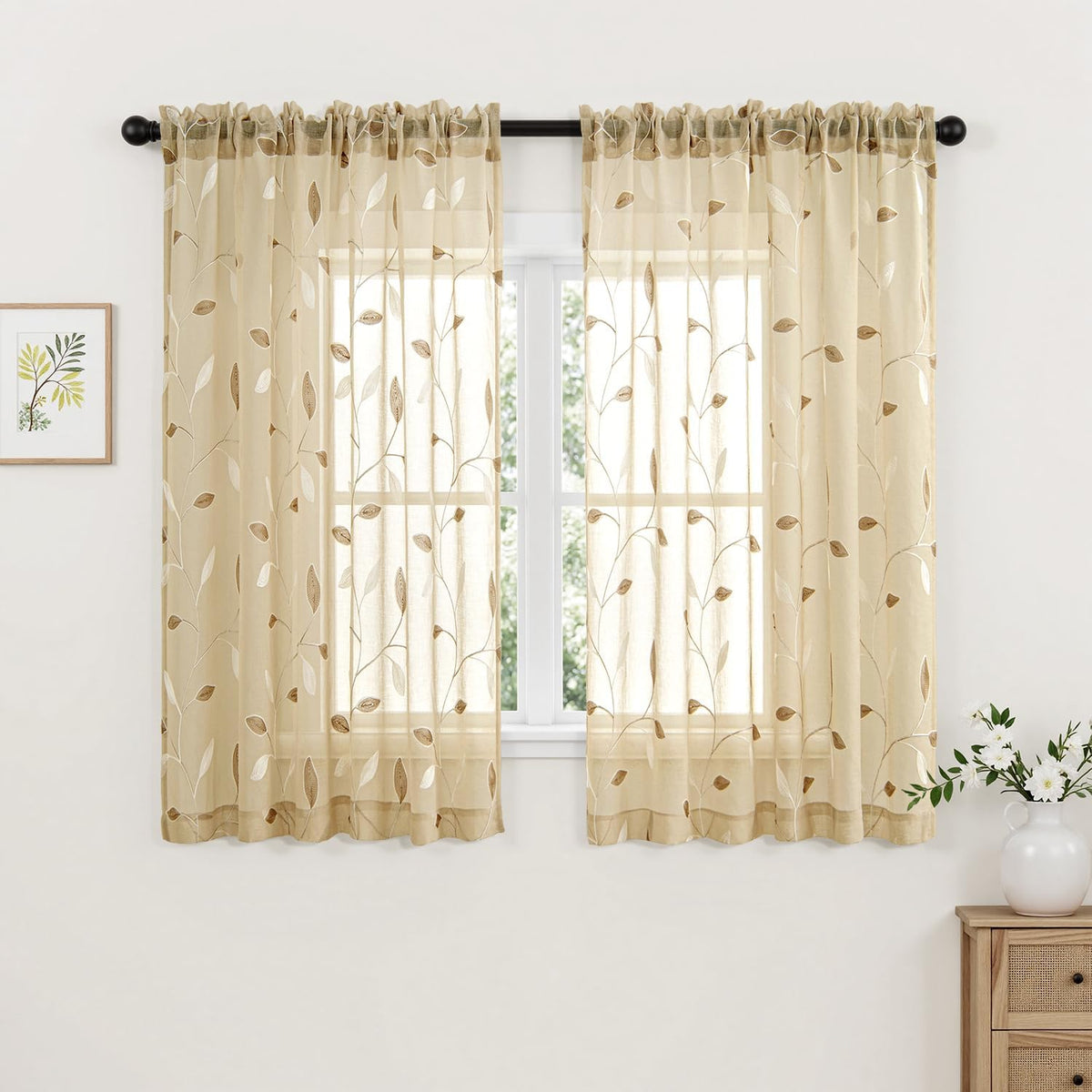  Embroidered Leaf Patterned Rod Pocket Floral Semi Sheer Curtains Beige 52Wx54L