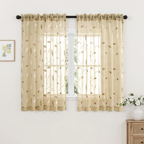  Embroidered Leaf Patterned Rod Pocket Floral Semi Sheer Curtains Beige 52Wx54L