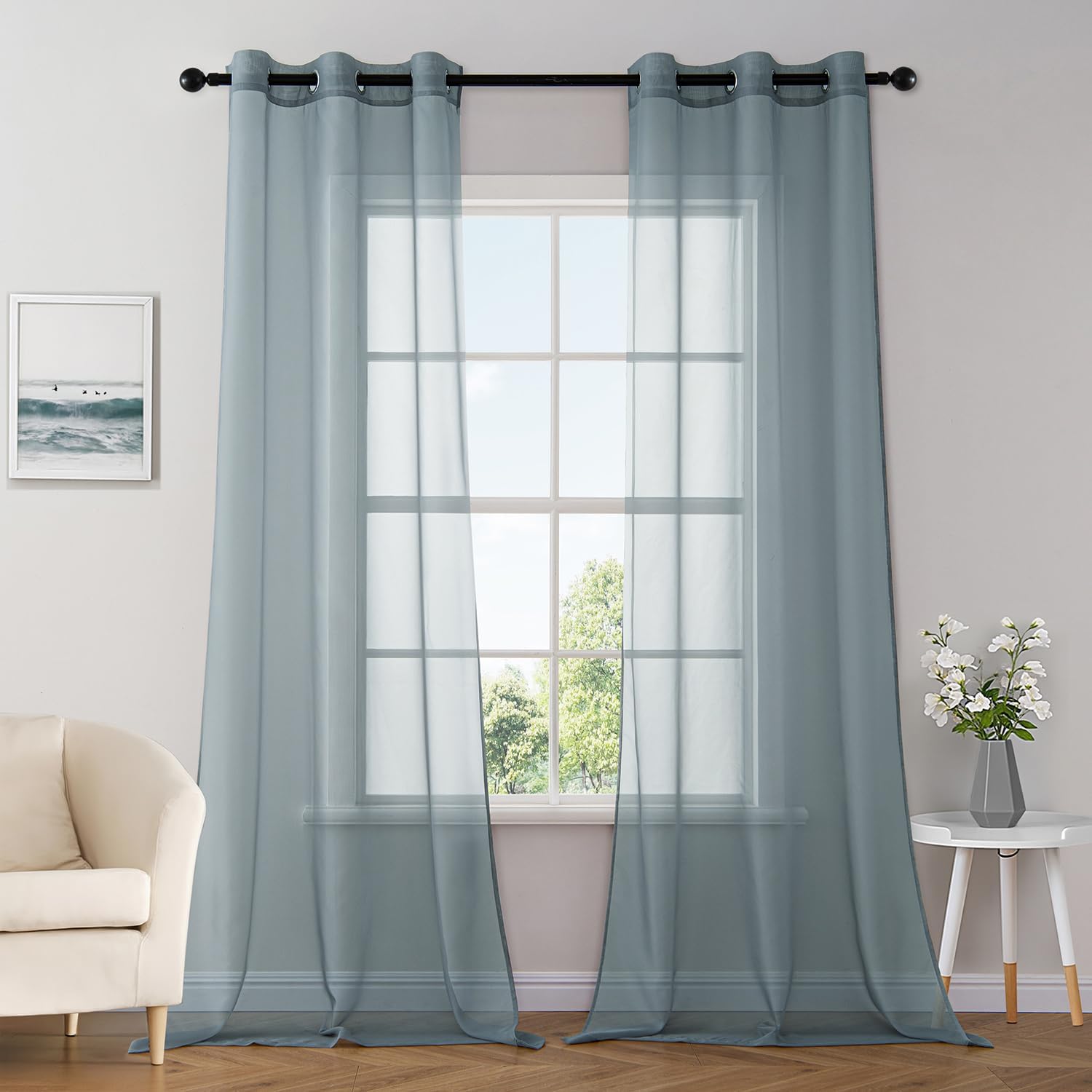 Elegant Lightweight Grommet Light Filtering Window Solid Color Sheer Curtains Dusty Blue 42Wx96L