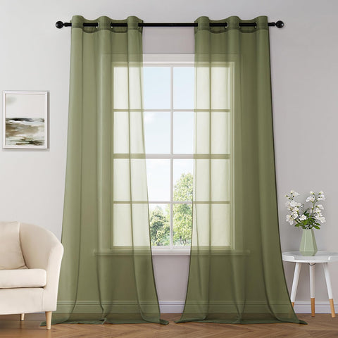 Elegant Lightweight Grommet Light Filtering Window Solid Color Sheer Curtains Olive Green 42Wx84L