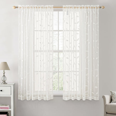 Embroidered Leaf Patterned Rod Pocket Floral Semi Sheer Curtains Ivory 52Wx54L