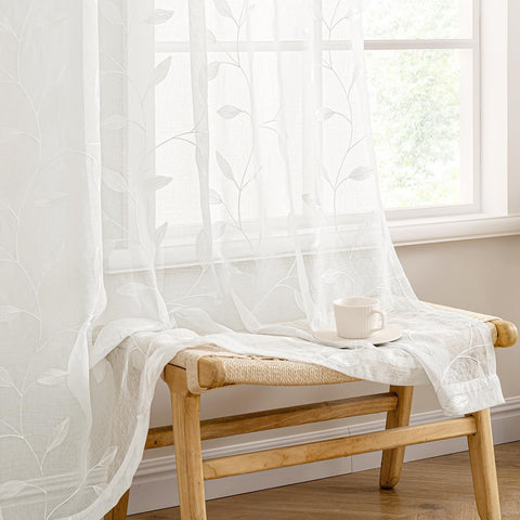 Embroidered Leaf Patterned Rod Pocket Floral Semi Sheer Curtains Ivory 52Wx63L
