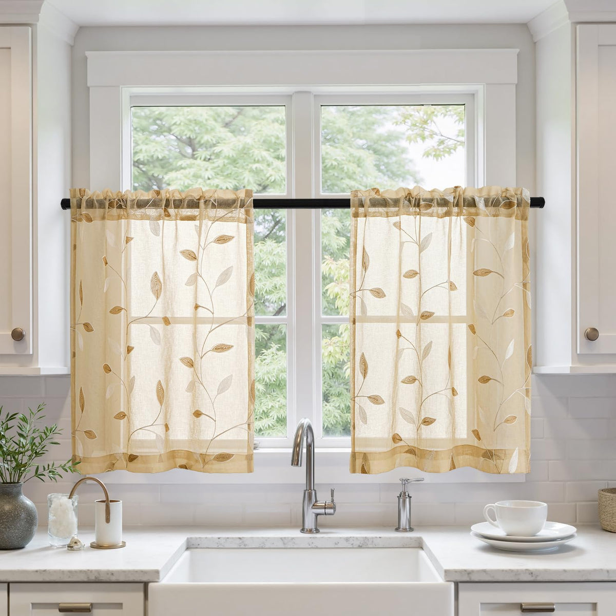 Embroidered Leaf Patterned Rod Pocket Floral Semi Sheer Curtains Khaki 30Wx24L