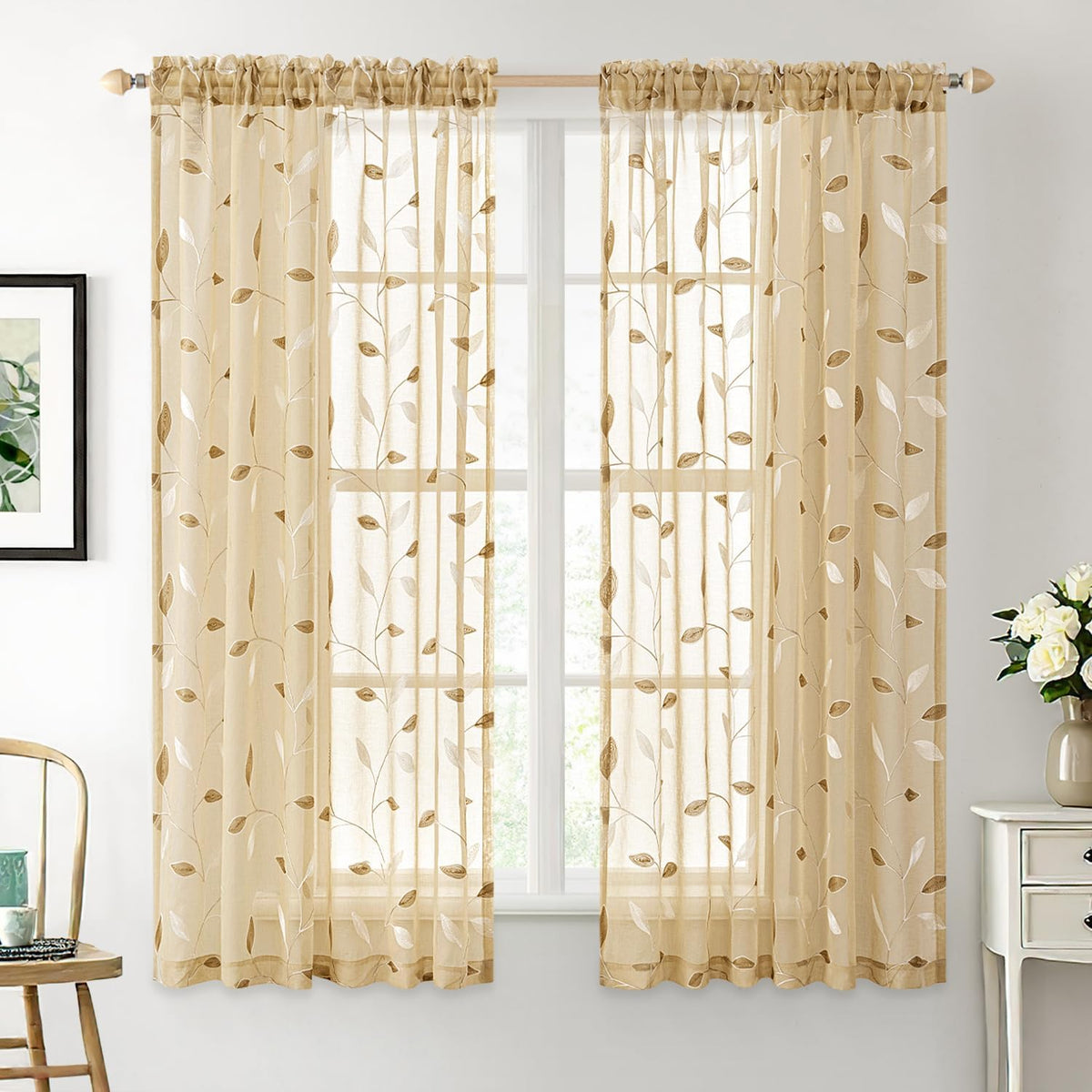 Embroidered Leaf Patterned Rod Pocket Floral Semi Sheer Curtains Khaki 52Wx54L