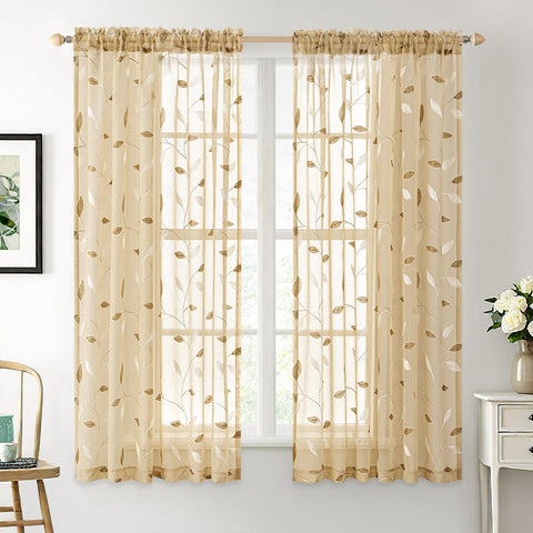 Embroidered Leaf Patterned Rod Pocket Floral Semi Sheer Curtains Khaki 52Wx54L