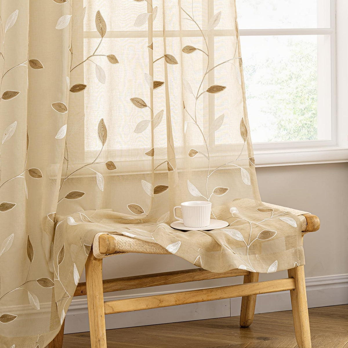 Embroidered Leaf Patterned Rod Pocket Floral Semi Sheer Curtains Khaki 52Wx84L
