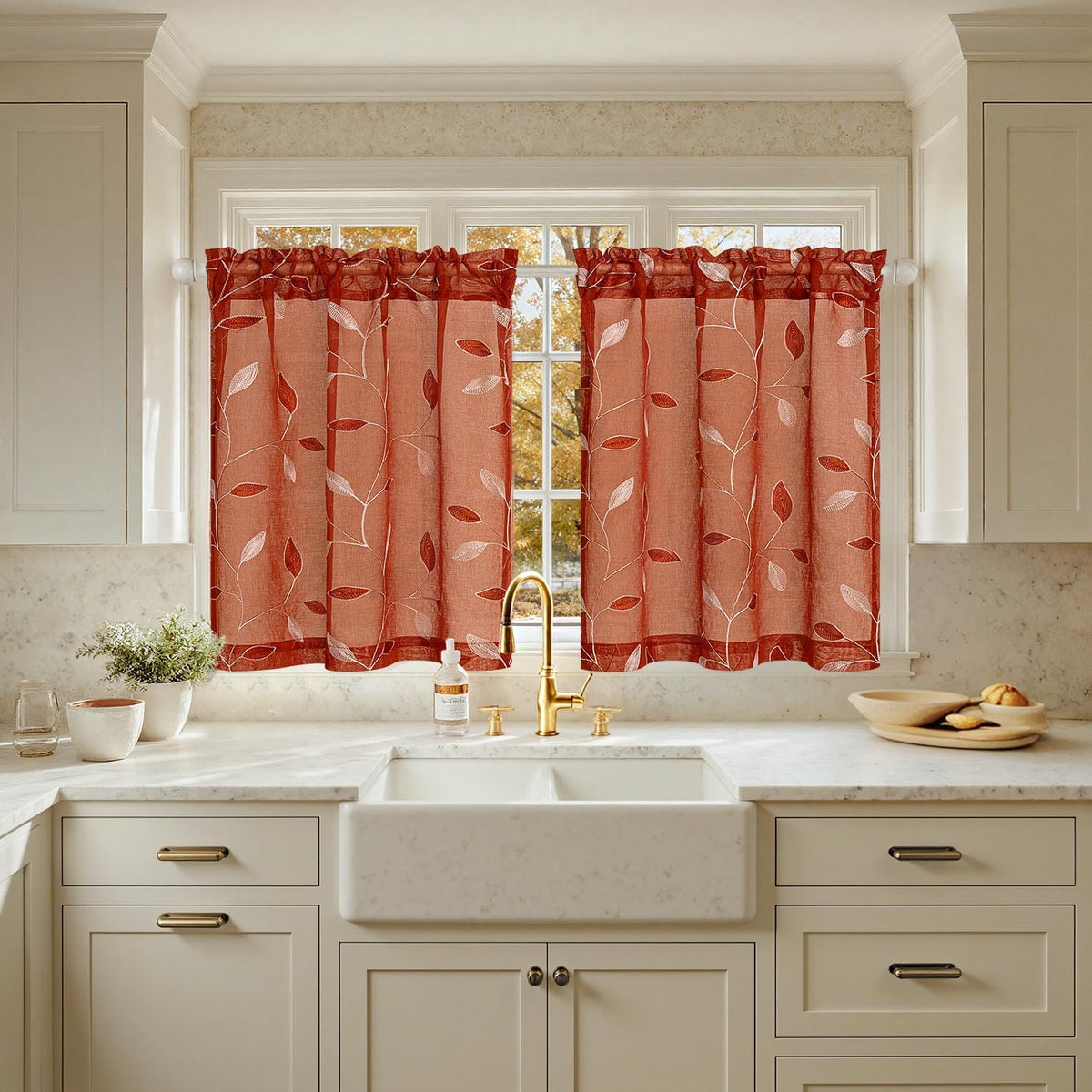 Embroidered Leaf Patterned Rod Pocket Floral Semi Sheer Curtains Terracotta 30Wx36L