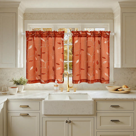 Embroidered Leaf Patterned Rod Pocket Floral Semi Sheer Curtains Burnt Orange 30Wx36L