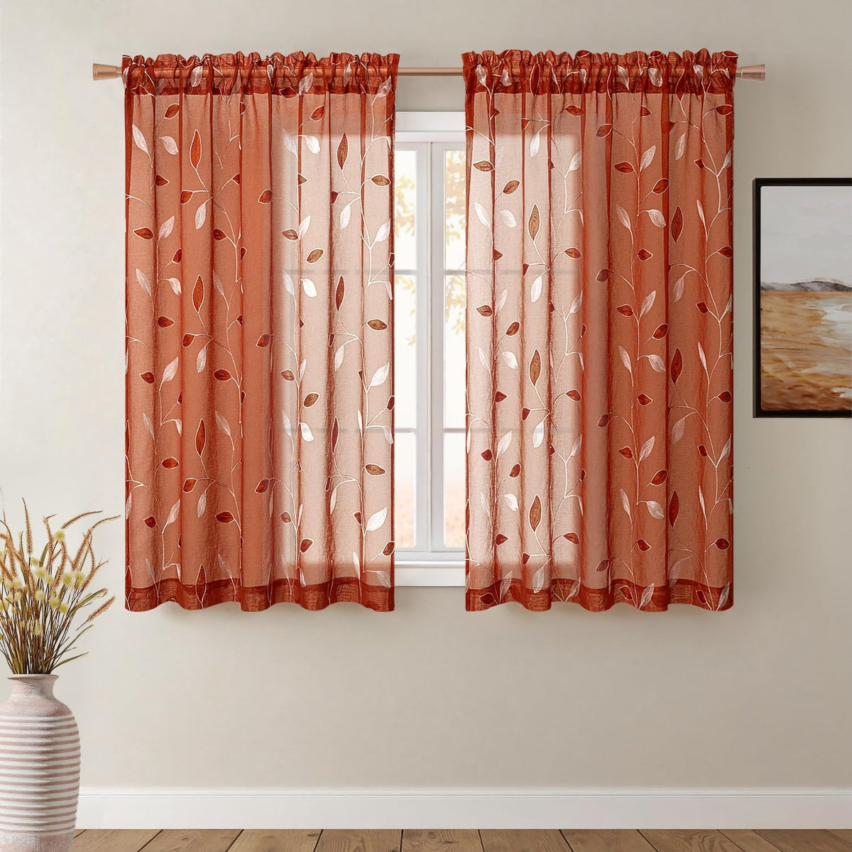 Embroidered Leaf Patterned Rod Pocket Floral Semi Sheer Curtains Burnt Orange 52Wx54L
