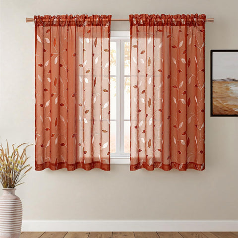 Embroidered Leaf Patterned Rod Pocket Floral Semi Sheer Curtains Burnt Orange 52Wx54L