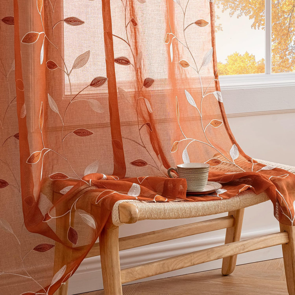 Embroidered Leaf Patterned Rod Pocket Floral Semi Sheer Curtains Burnt Orange 52Wx63L