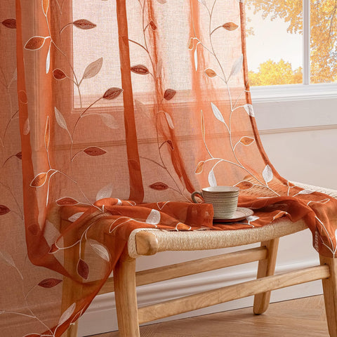 Embroidered Leaf Patterned Rod Pocket Floral Semi Sheer Curtains Burnt Orange 52Wx63L