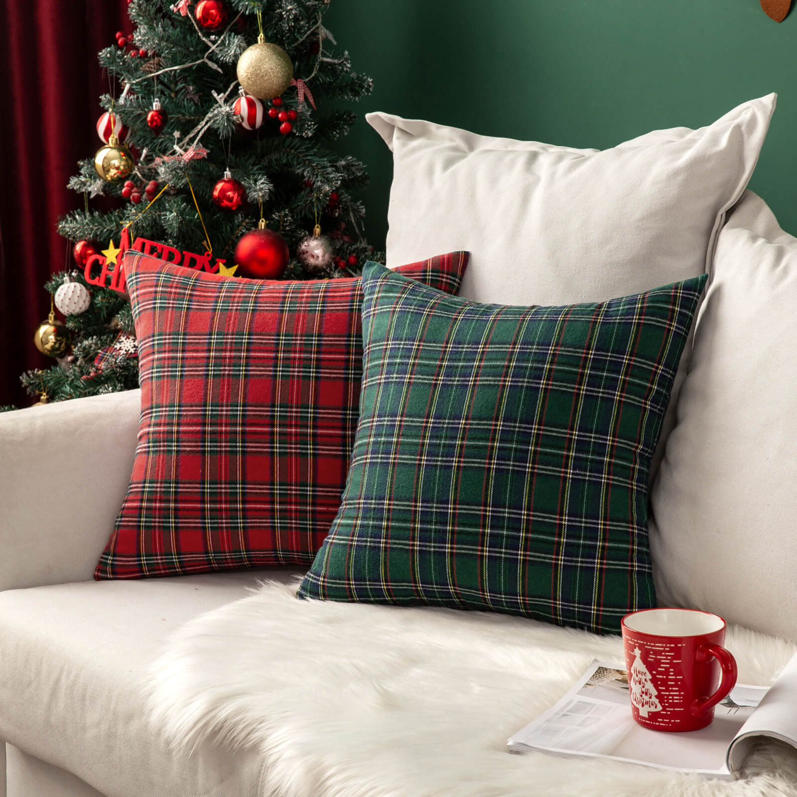 Choose Your Set "in Your Ideas"  - Christmas Pattern Scottish Tartan Plaid Fur Snowflack Decorative Throw Pillow Covers