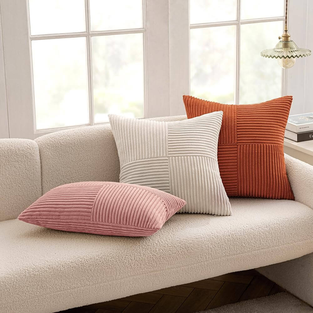 MIULEE Decorative Soft Boho Striped Corduroy Pillow Covers With Textured Splicing (Pack of 2)