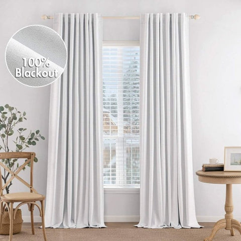 MIULEE 100% Blackout Curtains 84 inches Long White Linen Curtains & Drapes for Bedroom Back Tab Living Room Darkening Full Black Out Window Curtain Panels Rod Pocket, 2 Panels Set - Miulee