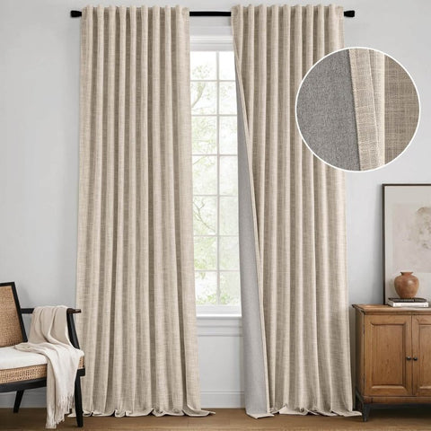 MIULEE Beige 100% Blackout Linen Curtains 84 Inch 2 Panels Set Double Sided No Coating Pleated Back Tab Black Out Long Thermal Insulated Pinch Pleat Bedroom Living Room Darkening Window Drapes - Miulee