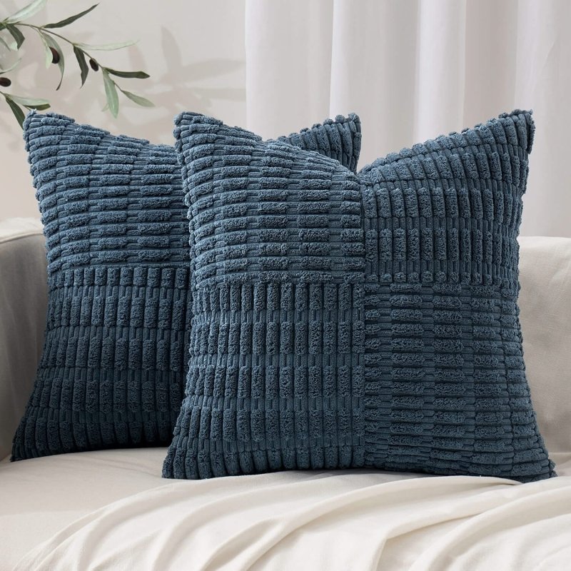 MIULEE Blue Corduroy Pillow Covers Pack of 2 Boho Decorative Spliced Throw Pillow Covers Soft Solid Couch Pillowcases Patchwork Textured Cushion Covers for Living Room Sofa 18x18 inch - Miulee