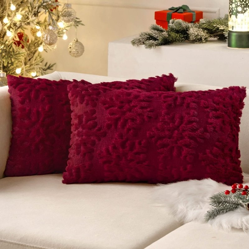 MIULEE Burgundy Red Throw Pillow Covers Christmas Snowflakes Decorative Pillow Covers 12x20 Inch Soft Plush Faux Wool Pillow Covers Set of 2 Farmhouse Couch Pillows Home Decors for Sofa Livingroom Bed - Miulee