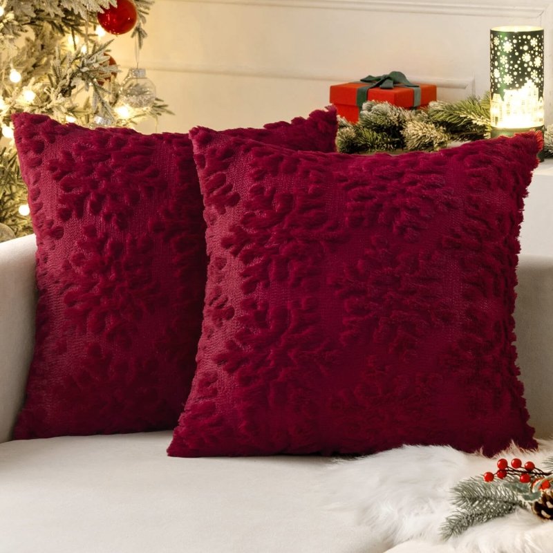 MIULEE Burgundy Red Throw Pillow Covers Christmas Snowflakes Decorative Pillow Covers 16x16 Inch Soft Plush Faux Wool Pillow Covers Set of 2 Farmhouse Couch Pillows Home Decors for Sofa Livingroom Bed - Miulee