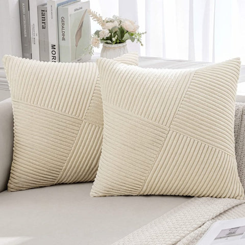 MIULEE Christmas Corduroy Throw Pillow Covers Pack of 2 Decorative Windmill Striped Spliced Soft Couch Pillowcases Boho Patchwork Cushion Covers for Living Room Bed Sofa 16x16 inch, Beige - Miulee