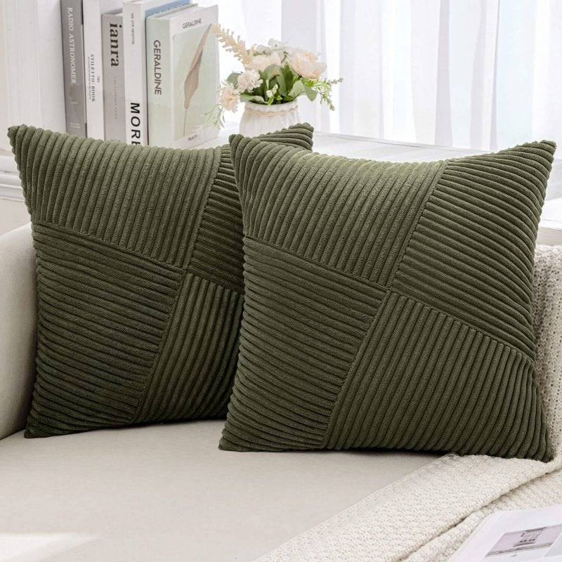 MIULEE Christmas Corduroy Throw Pillow Covers Pack of 2 Decorative Windmill Striped Spliced Soft Couch Pillowcases Boho Patchwork Cushion Covers for Living Room Bed Sofa 18x18 inch, Olive Green - Miulee