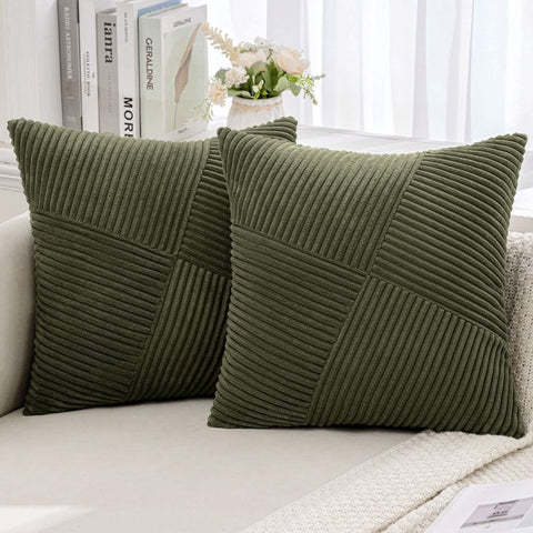 MIULEE Christmas Corduroy Throw Pillow Covers Pack of 2 Decorative Windmill Striped Spliced Soft Couch Pillowcases Boho Patchwork Cushion Covers for Living Room Bed Sofa 18x18 inch, Olive Green - Miulee