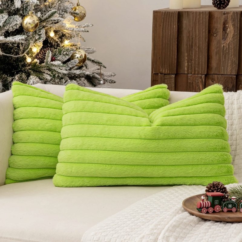 MIULEE Christmas Green Throw Pillow Covers 12x20 Inch Set of 2 Soft Pillowcases with Velvet Back Faux Rabbit Fur Cushion Covers Decorative Home Decor for Couch Sofa Bedroom Livingroom - Miulee