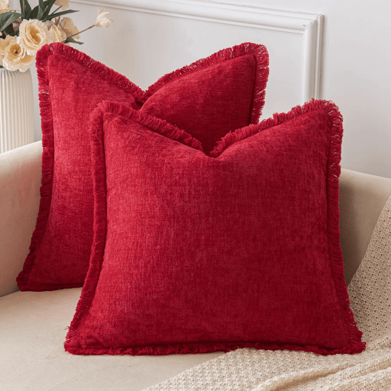 MIULEE Christmas Red Throw Pillow Covers 18x18 Inch Pack of 2 Cozy Chenille Pillow Covers with Tassels Solid Dyed Decorative Throw Pillows for Couch Sofa Bed Living Room Boho Home Decor - Miulee