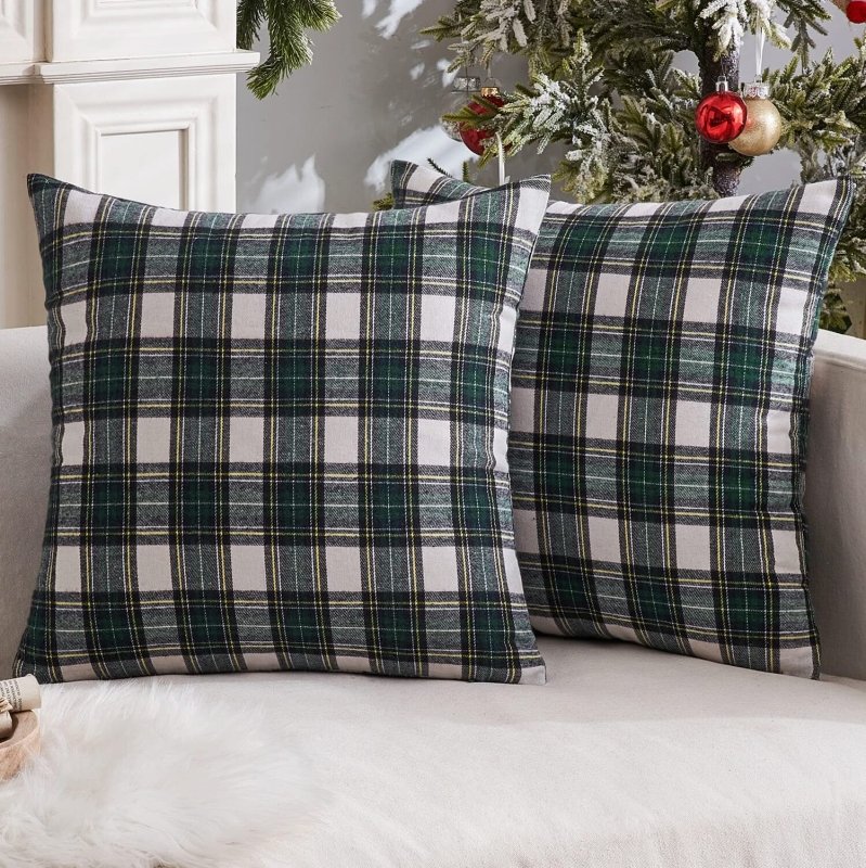 MIULEE Christmas Set of 2 Scottish Tartan Plaid Throw Pillow Covers Farmhouse Classic Decorative Square Cushion Cases for Decor Sofa Couch 18x18 Inch, Green and White - Miulee