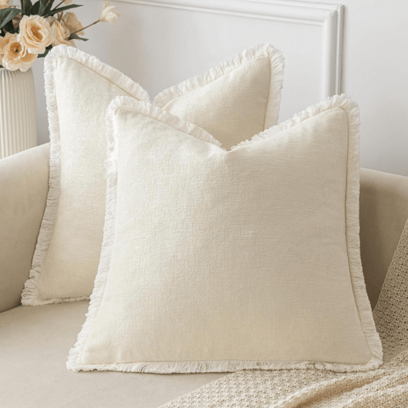 MIULEE Cream Throw Pillow Covers 18x18 Inch Pack of 2 Cozy Chenille Pillow Covers with Tassels Solid Dyed Decorative Throw Pillows for Couch Sofa Bed Living Room Boho Home Decor - Miulee