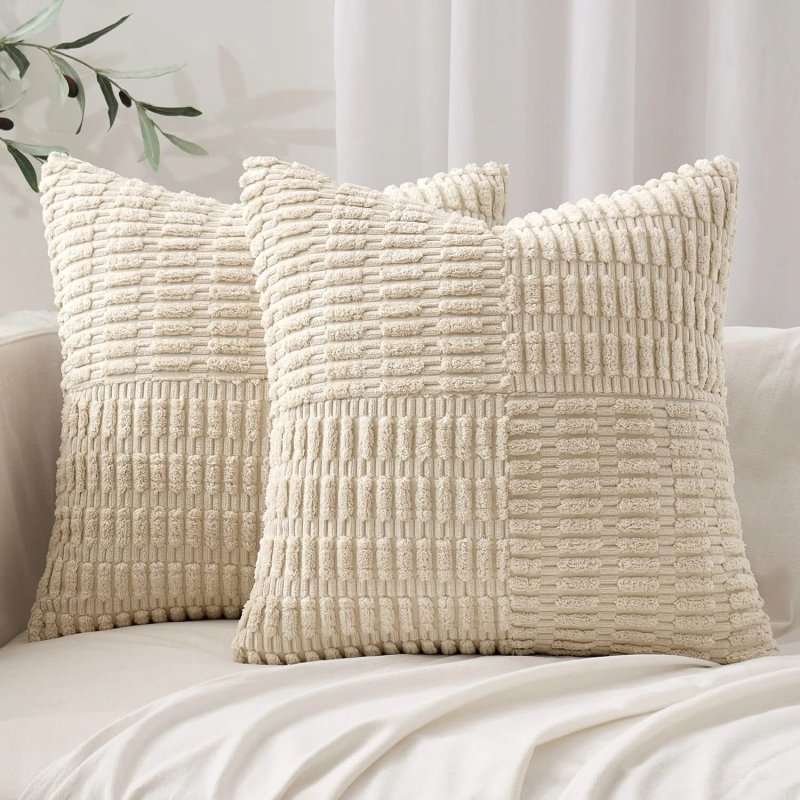 MIULEE Cream White Corduroy Pillow Covers Pack of 2 Boho Decorative Spliced Throw Pillow Covers Soft Solid Couch Pillowcases Patchwork Textured Cushion Covers for Living Room Sofa 18x18 inch - Miulee