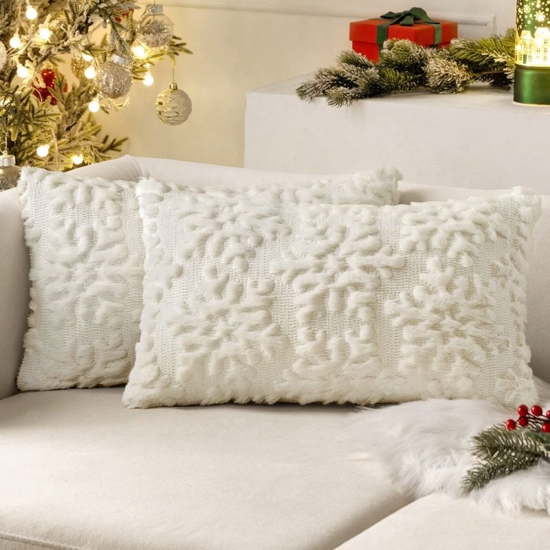 MIULEE Cream White Throw Pillow Covers Christmas Snowflakes Decorative Pillow Covers 12x20 Inch Soft Plush Faux Wool Pillow Covers Set of 2 Farmhouse Couch Pillows Home Decors for Sofa Livingroom Bed - Miulee