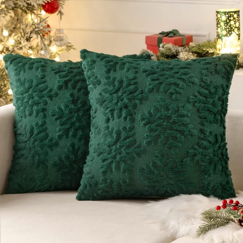 MIULEE Dark Green Throw Pillow Covers Christmas Snowflakes Decorative Pillow Covers 16x16 Inch Soft Plush Faux Wool Pillow Covers Set of 2 Farmhouse Couch Pillows Home Decors for Sofa Livingroom Bed - Miulee