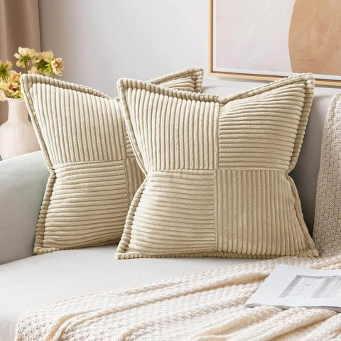 MIULEE Decorative Soft Boho Striped Corduroy Pillow Covers With Textured Splicing (Pack of 2) - Miulee