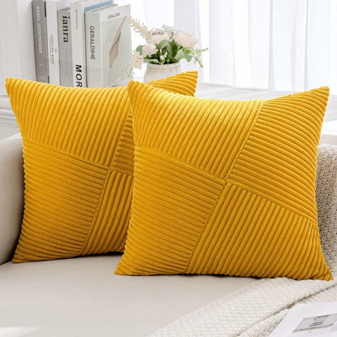 MIULEE Fall Corduroy Pillow Covers Pack of 2 Decorative Windmill Striped Spliced Throw Pillow Covers Soft Couch Pillowcases Patchwork Cushion Covers for Living Room Bed Sofa 16x16 inch, Mustard Yellow - Miulee