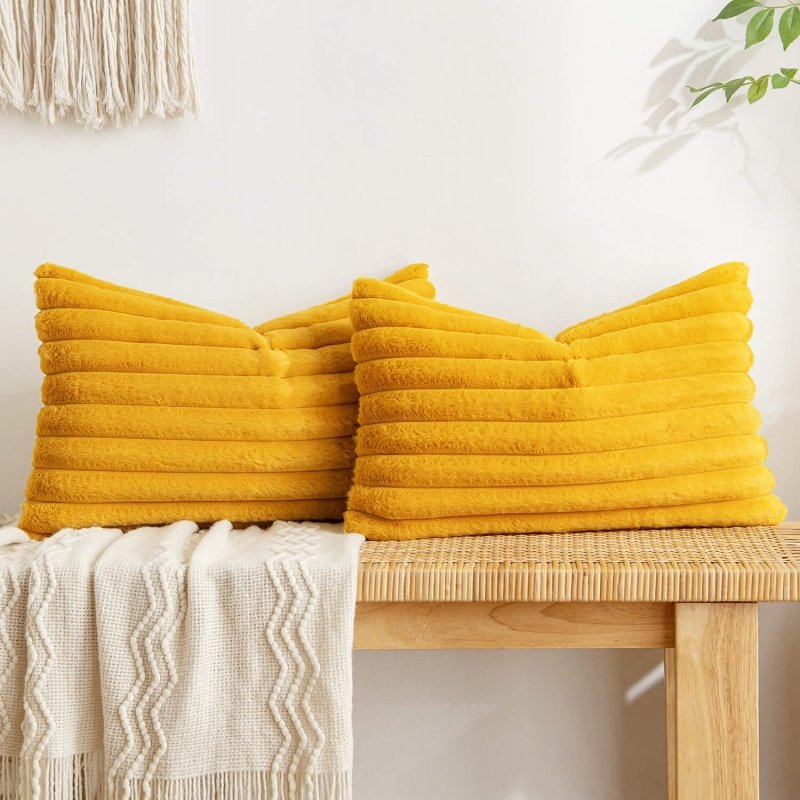 MIULEE Fall Mustard Yellow Throw Pillow Covers 12x20 Inch Set of 2 Soft Pillowcase with Velvet Back Faux Rabbit Fur Cushion Covers Decorative Home Decor for Couch Sofa Bedroom Livingroom - Miulee
