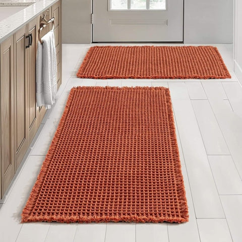 MIULEE Fall Orange Set of 2 Waffle Bathroom Rugs, Super Absorbent Non Slip Bath Rugs, Machine Washable Bath Mats with Tassels, Ultra Soft Rubber Backed Shower Mats for Bathroom Floor, Tub, 17x24 Inch - Miulee