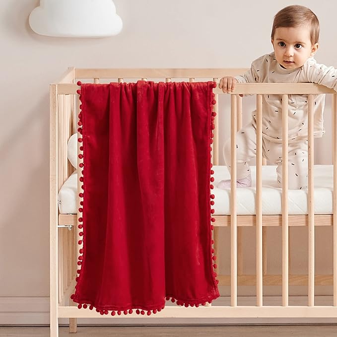 MIULEE Fleece Baby Blanket with Pompom Tassel for Boys, Girls, Kids, Infant, Newborn Soft Flannel Christmas Blanket Cozy Throw Blanket Fuzzy Plush Warm Boho Decor for Crib Stroller Nap 30"x40" Red - Miulee
