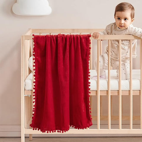 MIULEE Fleece Baby Blanket with Pompom Tassel for Boys, Girls, Kids, Infant, Newborn Soft Flannel Christmas Blanket Cozy Throw Blanket Fuzzy Plush Warm Boho Decor for Crib Stroller Nap 30"x40" Red - Miulee
