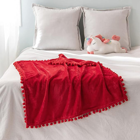MIULEE Fleece Baby Blanket with Pompom Tassel for Boys, Girls, Kids, Infant, Newborn Soft Flannel Christmas Blanket Cozy Throw Blanket Fuzzy Plush Warm Boho Decor for Crib Stroller Nap 30"x40" Red - Miulee